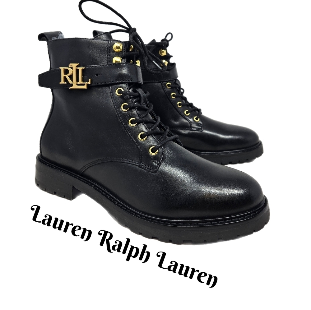 Lauren Ralph Lauren Womens Eldridge Combat Boots Sz 6.5 Black Leather Adj Strap
